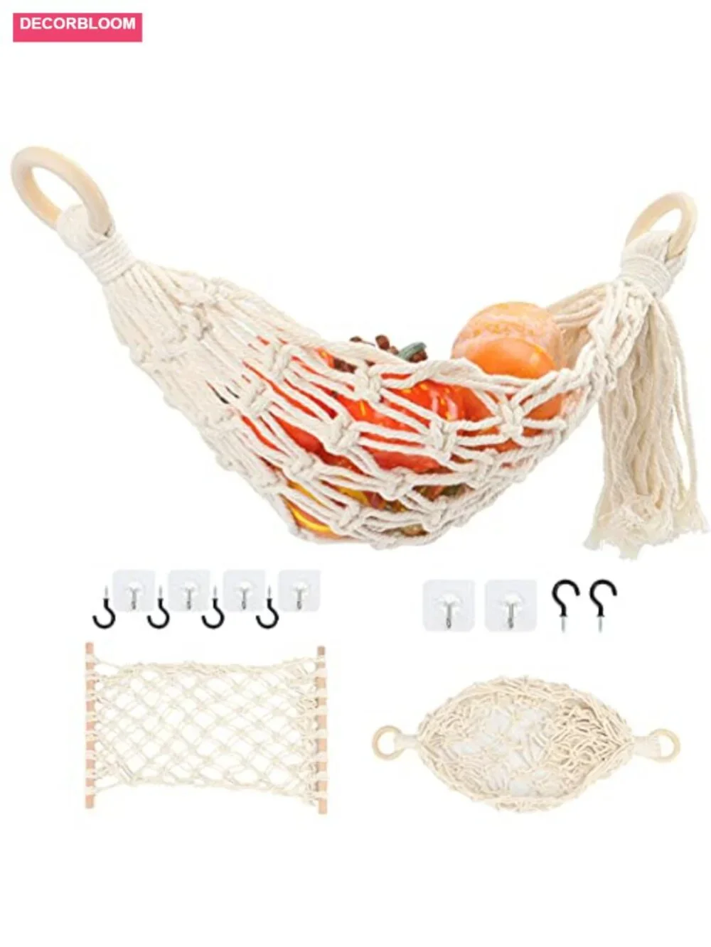 Cotton Hanging Fruit Hammock Under Cabinet Storage with Hooks
